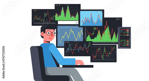 Analyst Staring At Financial Charts on Multiple Computer Screens Showing Trends