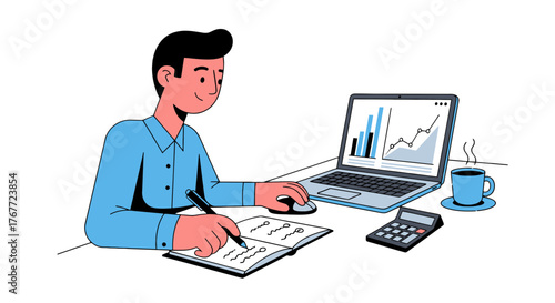 Analyst Working On Business Reports and Analysis Using Laptop And Stationary Materials