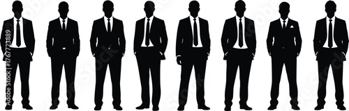 Silhouettes of eight businessmen standing in formal suits, isolated on white background, corporate team, leadership, professional office group