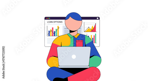 Analyst Working On Loan Options Illustrated With Colorful Stylized Graphics and Charts