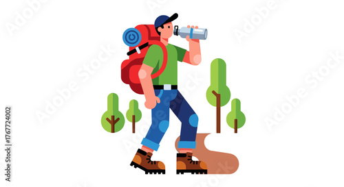 Adventurer Quenching Thirst During A Trail Hike Surrounded With Trees And Nature