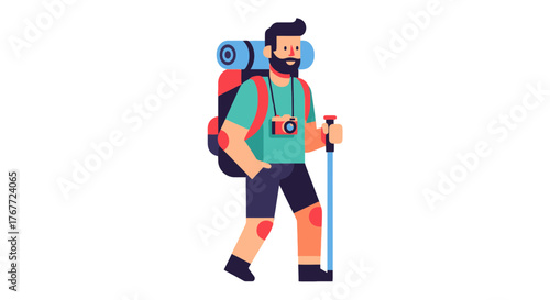 Adventurous Hiker Walking With Backpack and Camera Against Black Background