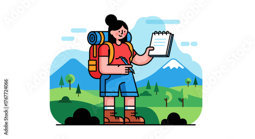 Adventurous Hiker Taking Notes While Exploring Scenic Mountainous Landscape