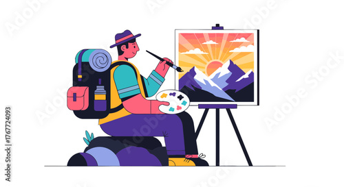 Adventurous Painter Crafting Scenic Landscape Art With Backdrop of Mountainous Silhouette