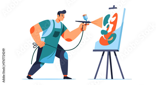 Airbrush Artist Creatively Painting Colorful Abstract Art on Canvas With Spray Gun Technique