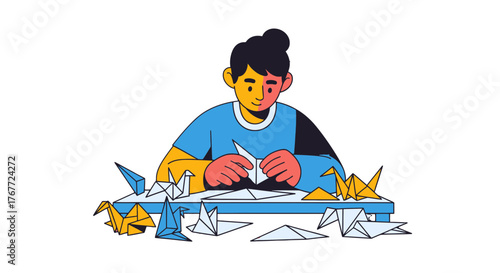 An Artistic Individual Folds Paper Cranes, Creating Unique Figurative Origami Art