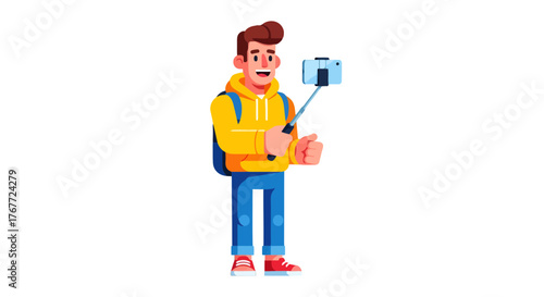 Animated Male Digitally Recording Travel Video Holding Smartphone on a Stick Online
