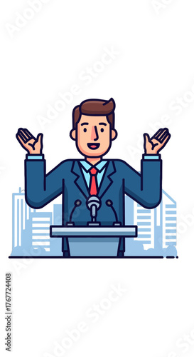 Animated Speaker Giving A Speech At A Podium With City Buildings In Background