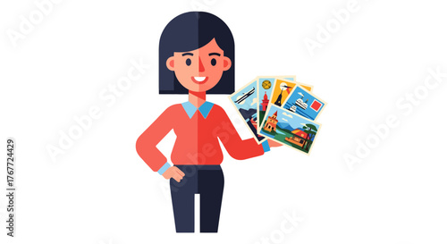 Animated Traveler Presenting Memorabilia Postcards From Diverse And Exotic Places To Visit
