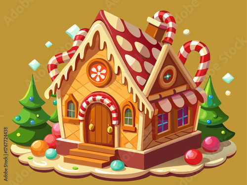 detailed vector gingerbread house with icing, candy details, warm lighting, single-color background