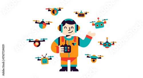 Animation Of A Pilot Controlling A Set Of Diverse Drones In Colorful Illustration