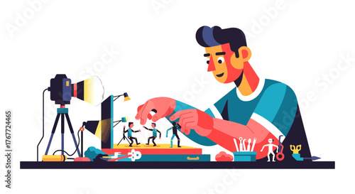 Animator Crafting a Scene with Miniature Figures and a Camera for Filmmaking Project