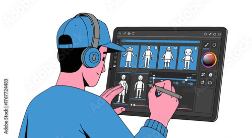 Animator Creating Animated Characters on a Digital Tablet with Stylus Headphones and a Cap