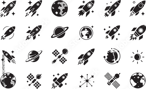 Large Space Exploration Icon Set Rocket Ship Planet Earth Satellite and Cosmos Silhouettes