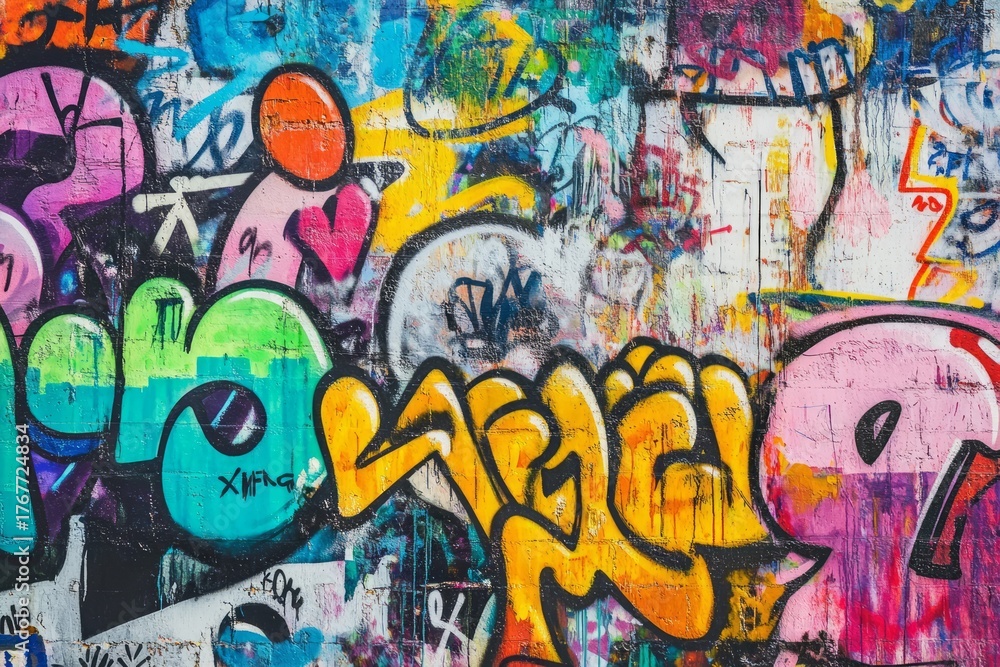 Fototapeta premium Colorful urban graffiti wall displays dynamic street art, full of energy and creativity, embodying urban culture and youthful spirit. Neural network AI generated