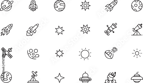Science & Research Outline Icon Set Astronomy Rocket Launch Satellite Dish and Planets
