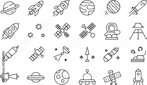 Huge Space and Cosmic Outline Icon Set Rockets Satellite UFO Astronaut and Planets
