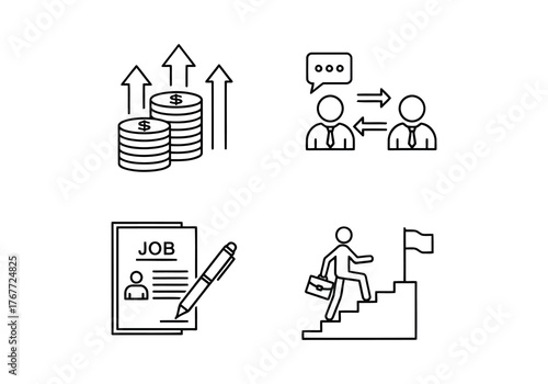 A collection of outline icons representing career progression, job contracts, financial growth, and business communication