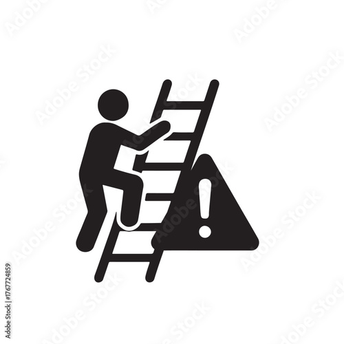 Ladder Ascent with Caution: An icon depicting a figure climbing a ladder, alongside a prominent hazard warning sign, symbolizing caution.