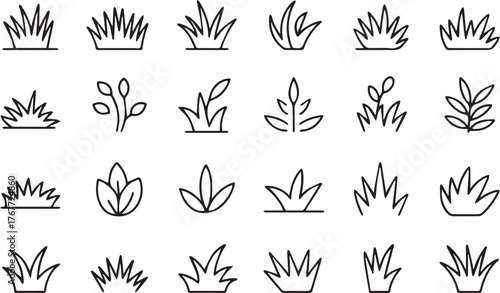 Thin Line Grass and Botanical Leaf Vector Icons. Simple Eco Doodle Design Elements