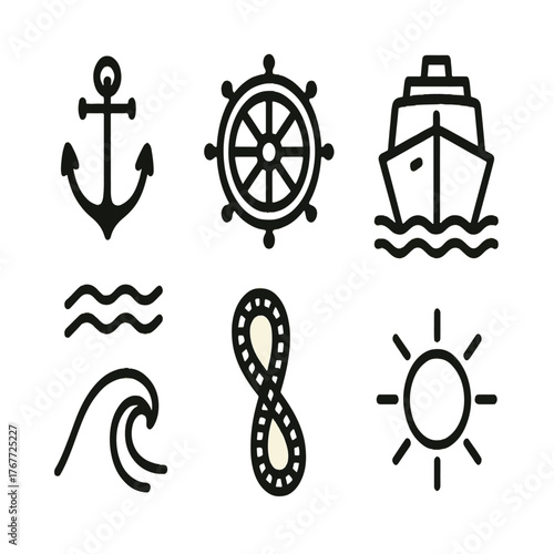 Nautical icons set featuring anchor ship wheel waves hourglass and sun