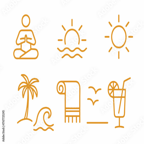 Collection of orange neon line art icons representing summer and relaxation