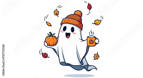 Whimsical Halloween: Happy ghost adorned in a warm hat with a pumpkin and a delightful cocoa