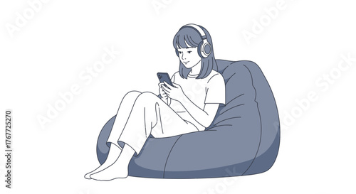 Digital relaxation: Woman listening to music on a beanbag chair with her phone