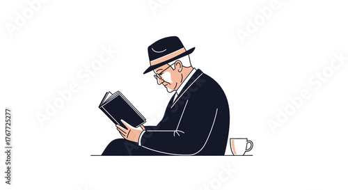 Elegant man engrossed in book reading near a cup, showcasing the charm of literature