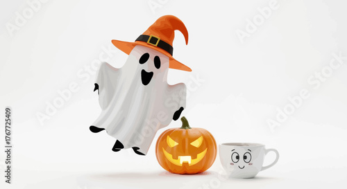 Playful Halloween: A friendly ghost, carved pumpkin, and charming mug in a 3D render set against a