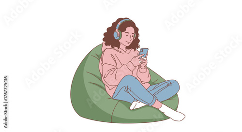 Illustration of a relaxed young woman enjoying music and social media on a beanbag chair