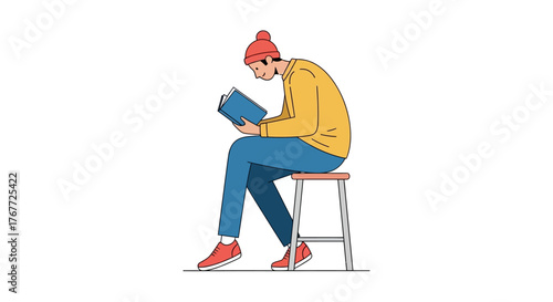 Serene moment with a reader absorbed in book on a minimalistic stool illustration