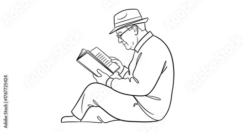 Simple line drawing of a mature man enjoying a book while seated peacefully in contemplation