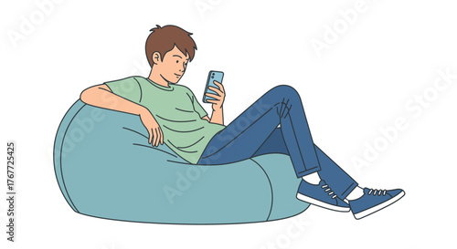 Illustration of a relaxed person using a smartphone while sitting on a beanbag chair casually
