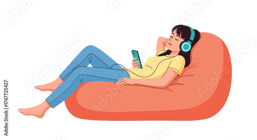 Relaxing at home with music, woman on beanbag chair enjoying audio content on her phone