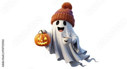 Autumnal apparition enjoying a coffee while holding a festive jack o'lantern bucket and wearing a