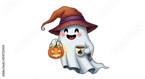Whimsical halloween ghost wearing a witch hat holding a glowing jack-o'-lantern and coffee