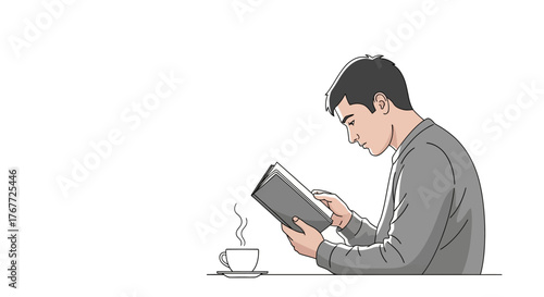 Illustration depicting a man engrossed in reading a book accompanied by a cup of coffee