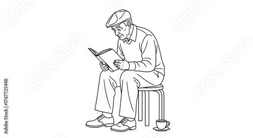 Elderly man engrossed in reading on a stool with a cup of coffee beside him outlines