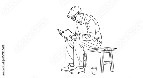 Elderly man engrossed in a book, sitting on a wooden bench with a coffee nearby, line art drawing