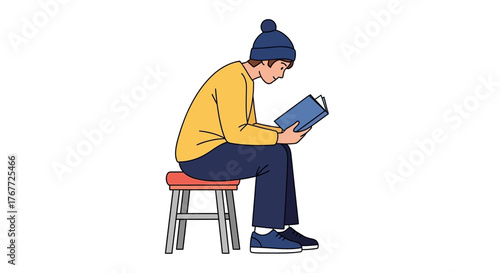 Illustration of a young man engrossed in reading a book while seated on a simple stool