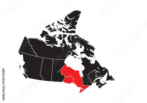 A black and red silhouette map highlighting the province of Ontario within Canada.
