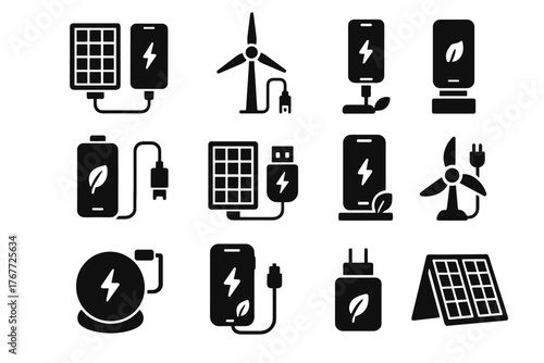 Icons charger eco turbine icon usb vector battery foldable case energy phone