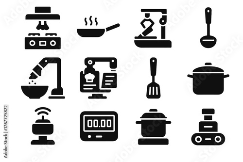 Stove robotic module mixing cooking interface kitchen digital icons vector bowl automated