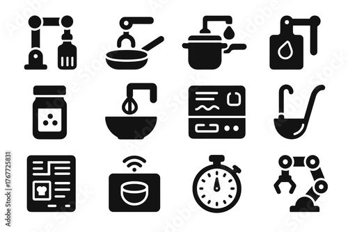 Robotic chopping kitchen interface automated arm recipe bowl icons pad vector cooking