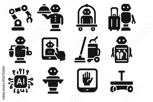 Vector tray robotic serving robot butler icons ai beverage gesture base smart