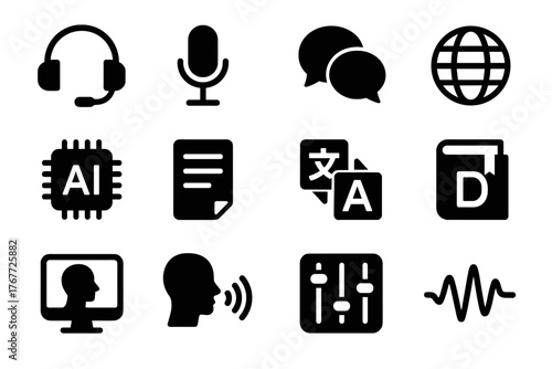 Headset display vector icon ai microphone conversation recognition bubble sensor interface translation