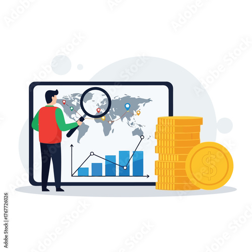 Global Market Analysis Man Analyzes World Map with Magnifying Glass Alongside Financial Charts and Gold Coins