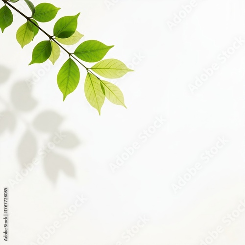 Fresh Green Leaves and Soft Shadow on White
