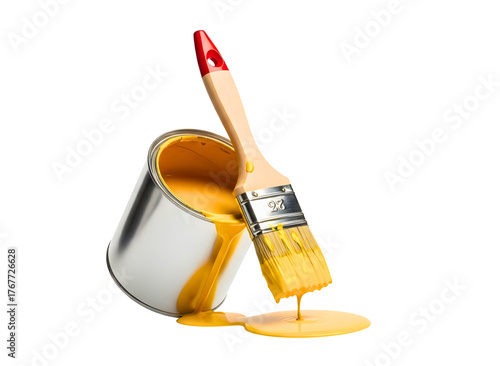 Blue paint can with dripping paint and brush isolated on transparent background